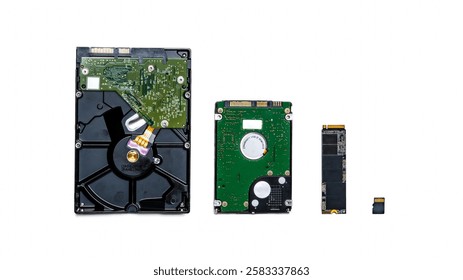 The evolution of storage devices. Several different storage media from the last 30 years, collected in one picture. From old to modern. In the photo: HDD, USB flash drive, SSD disk, flash card. 