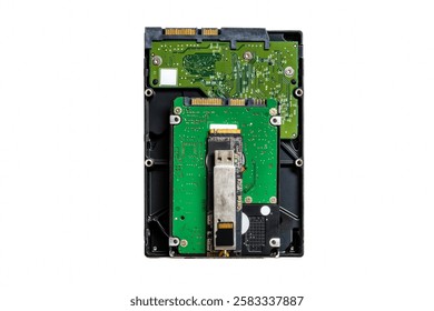 The evolution of storage devices. Several different storage media from the last 30 years, collected in one picture. From old to modern. In the photo: HDD, USB flash drive, SSD disk, flash card. 