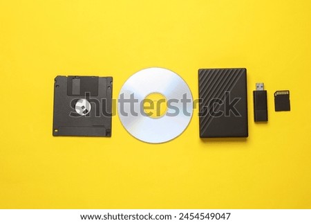 Evolution of storage media. CD disk with floppy disk, sd card, USB flash drive and external hard drive on yellow background