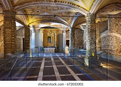 Evora, Portugal - June 12, 2017: Chapel of the Bones (Capela dos Ossos) with human bones and skulls in the wall, is one of the best known monuments  in Evora, Alentejo, Portugal