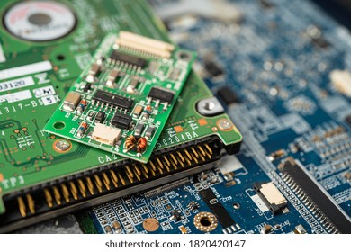 E-waste electronic, computer circuit cpu chip mainboard core processor electronics device, concept of data, hardware, technician and technology.