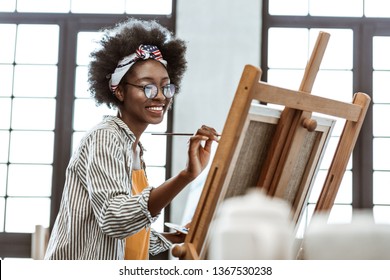 Exam Work. Excited Talented Art Student Wearing Glasses Working Hard On Her Exam Work