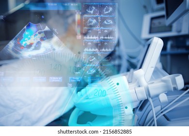 Examination at the patient's bedside in ICU. Abstract projection of the ultrasound screen and sphygnomanometer on the background of a hospital ward - Shutterstock ID 2156852885