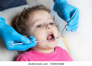 Examination, Treatment Teeth Children. Medical Checkup Oral Cavity With Instruments. Dental Hands, Child In Office. Cute Girl Smiling Stomatology. Kid In Dentist Chair. Concept Health, Medicine