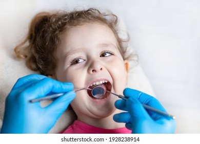 Examination, Treatment Teeth Children. Medical Checkup Oral Cavity With Instruments. Dental Hands, Child In Clinic. Cute Girl Smiling Stomatology. Happy Kid In Dentist Chair. Concept Health, Medicine