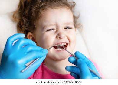 Examination, Treatment Teeth Children. Medical Checkup Oral Cavity With Instruments. Dental Hands, Child In Clinic. Cute Girl Smiling Stomatology. Happy Kid In Dentist Chair. Concept Health, Medicine