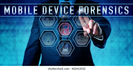 Examiner Pressing MOBILE DEVICE FORENSICS On An Interactive Touch Screen. Information Technology Metaphor And Law Enforcement Concept For A Form Of Digital Forensics Focused On Mobile Devices.