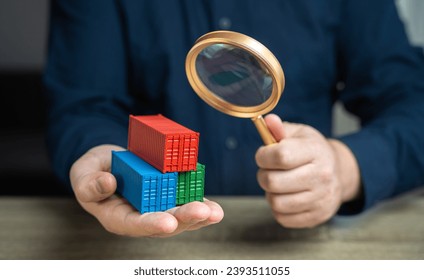 Examining cargo containers through a magnifying glass. Countering smuggling. Sanctioned goods. Prohibited products entering sanctioned countries through transit. Bypassing sanctions.