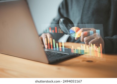 examining data visualizations like bar graphs and pie charts. It symbolizes data analysis, research, and the importance of visualizing data for insights and decision-making.