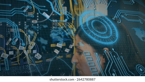 Examining female IT tech inspecting network rack in server room, with ethernet cables, copy space. Technology, cybersecurity, innovation, futuristic, professional, industrial, digital