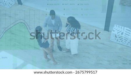 Examining reports and tablet computer, three colleagues standing in office, with digital charts. Collaboration, teamwork, modernworkspace, dataanalysis, corporate, creative, businessmeeting