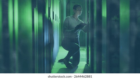Examining technician wearing gloves inspecting servers with tablet in data center, with LED lights. Technician, technology, maintenance, cybersecurity, futuristic, industrial, precision