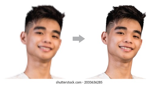 Example Of AI Photo Upscaling Technology - A Pixelated Picture Of A Young Man On The Left, And The The Enhanced Version On The Right.