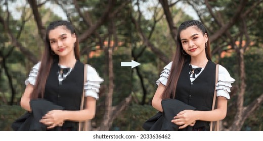 Example Of AI Photo Upscaling Technology - A Pixelated Picture Of A Woman On The Left, And The The Enhanced Version On The Right.