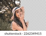 Example of before and after AI Image Background Removal process. Isolating the subject in the photo, a young woman. Conversion to png file.