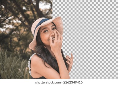 Example of before and after AI Image Background Removal process. Isolating the subject in the photo, a young woman. Conversion to png file.