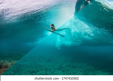 Example Of Editing Underwater Photography. More Contrast And Colourful Compare Raw File. Young Woman In The Bikini Doing Surfing And  Duck Dive At The Point Break Under The Wave.