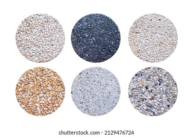 Example of Exposed aggregate concrete with different colored pebbles in close-up, Exposed aggregate on white background