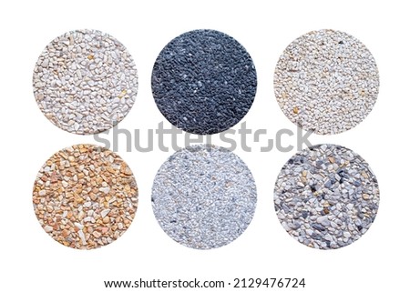 Example of Exposed aggregate concrete with different colored pebbles in close-up, Exposed aggregate on white background