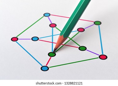 Example of a nonplanar cubic graph and edge and vertex coloring - Shutterstock ID 1328821121