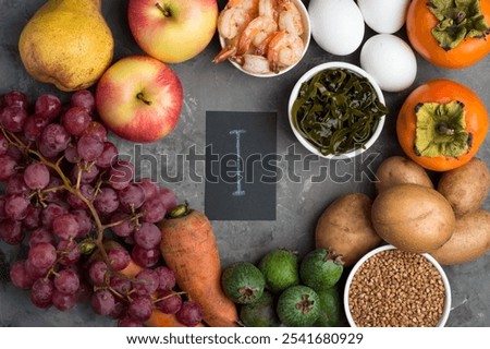 Example of a range of food products containing iodine, I. The concept of a proper balanced diet. on a dark background, horizontally, top view.