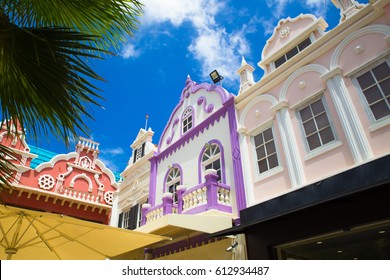 Example of vibrant and colorful Dutch architecture on buildings in Caribbean city of downtown Oranjestad, Aruba 