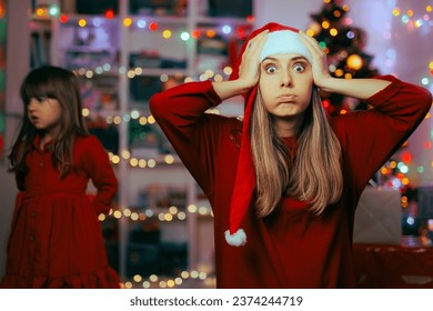 
Exasperated Mother Feeling Stressed During Christmas Holidays. Shocked mom feeling under pressure organizing Xmas party
