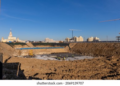 Excavated Foundation Pit For A New Building. Construction Of New Educational Buildings - Expansion Of The Territory Of Moscow State University. Moscow, Russia - October 10, 2021