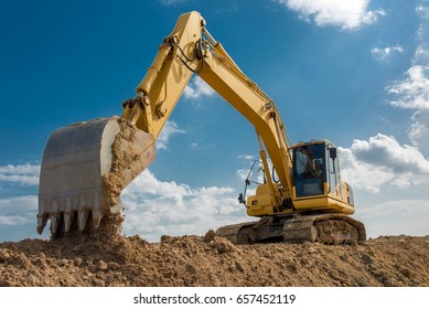 excavator blue sky heavy machine construction site  