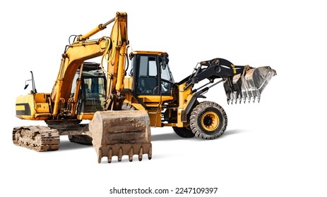 Excavator and bulldozer loader close-up on a white isolated background.Construction equipment for earthworks. element for design - Shutterstock ID 2247109397
