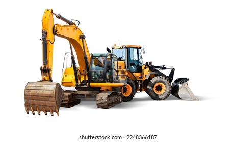 Excavator and bulldozer loader close-up on a white isolated background.Construction equipment for earthworks. element for design - Shutterstock ID 2248366187