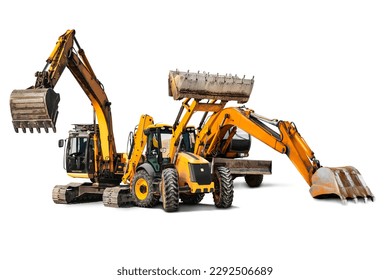 Excavator and bulldozer loader close-up on a white isolated background.Construction equipment for earthworks. element for design. Rent of modern construction equipment