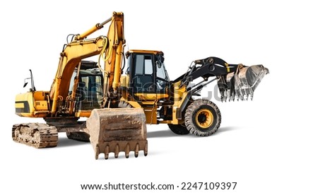 Excavator and bulldozer loader close-up on a white isolated background.Construction equipment for earthworks. element for design