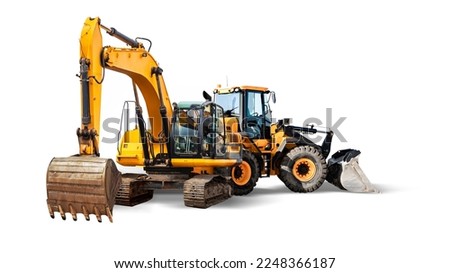 Excavator and bulldozer loader close-up on a white isolated background.Construction equipment for earthworks. element for design