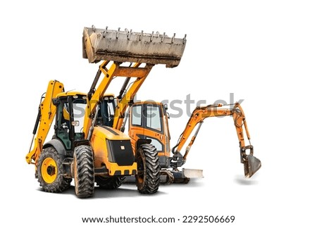 Excavator and bulldozer loader close-up on a white isolated background.Construction equipment for earthworks. element for design. Rent of modern construction equipment