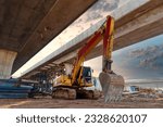 Excavator heavy machine at Structure road construction of expressway under construction. New road construction. Civil Engineer. 