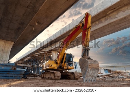 Excavator heavy machine at Structure road construction of expressway under construction. New road construction. Civil Engineer.  Foto stock © 