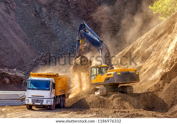 Excavator Loading Excavation Truck Excavators Hydraulic Stock Photo