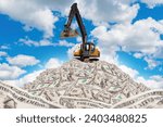 Excavator on pile of money. Crumpled dollars under blue sky. Concept of big earnings in construction. High profit. Excavator on mountain of money. Making profit from construction industry