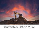 Excavator on sunset background. Open-pit mining. Backhoe dig ground in quarry. Heavy construction equipment on excavation on construction site. Excavator on groundwork on dramatic twilight. 