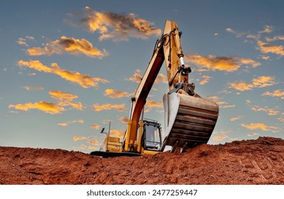 Excavator on sunset. Open-pit mining. Backhoe dig ground in quarry. Heavy construction equipment on excavation on construction site. Excavator on groundwork on dramatic twilight. Groundworks.