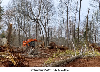 Excavator Uprooting Trees On Land In Bulldozer Clearing Land From Trees, Roots And Branches With Dirt And Trash