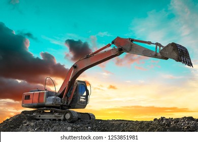 Excavator Work On Construction Site Sunset Stock Photo 1253851981 ...