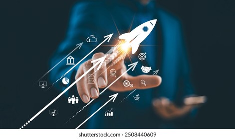 Excellence growth strategy business trend concept. Businessman hand on arrow invest icon. Fast action increases sales marketing, success potential technology, soar rocket toward wealth opportunity 