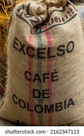 Excellent Colombian Coffee,  Sacks Of Coffee In A Farm, Colombia, South America,  Rural Scene - Stock Photo