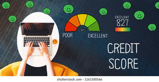Excellent Credit Score with person using a laptop on a white table