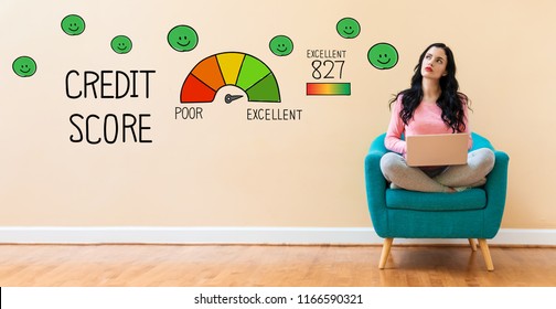 Excellent Credit Score with young woman using a laptop computer 