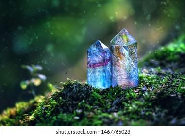 excellent minerals towers close up in forest, mysterious natural background. fluorite quartz gemstones for Magic healing Crystal Ritual, Witchcraft. spiritual esoteric practice for soul, mind relax.
