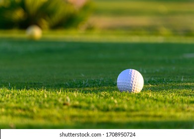 Excellent well-kept green grass lawn on large golf course, green section with big white foam ball for beginners on Tenerife island, Canary, Spain close up