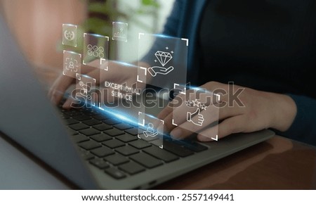 Exceptional service concept. Using laptop, planning and managing the exceptional service. Providing a positive, helpful and timely experience for customers above and beyond customer's expectation. 